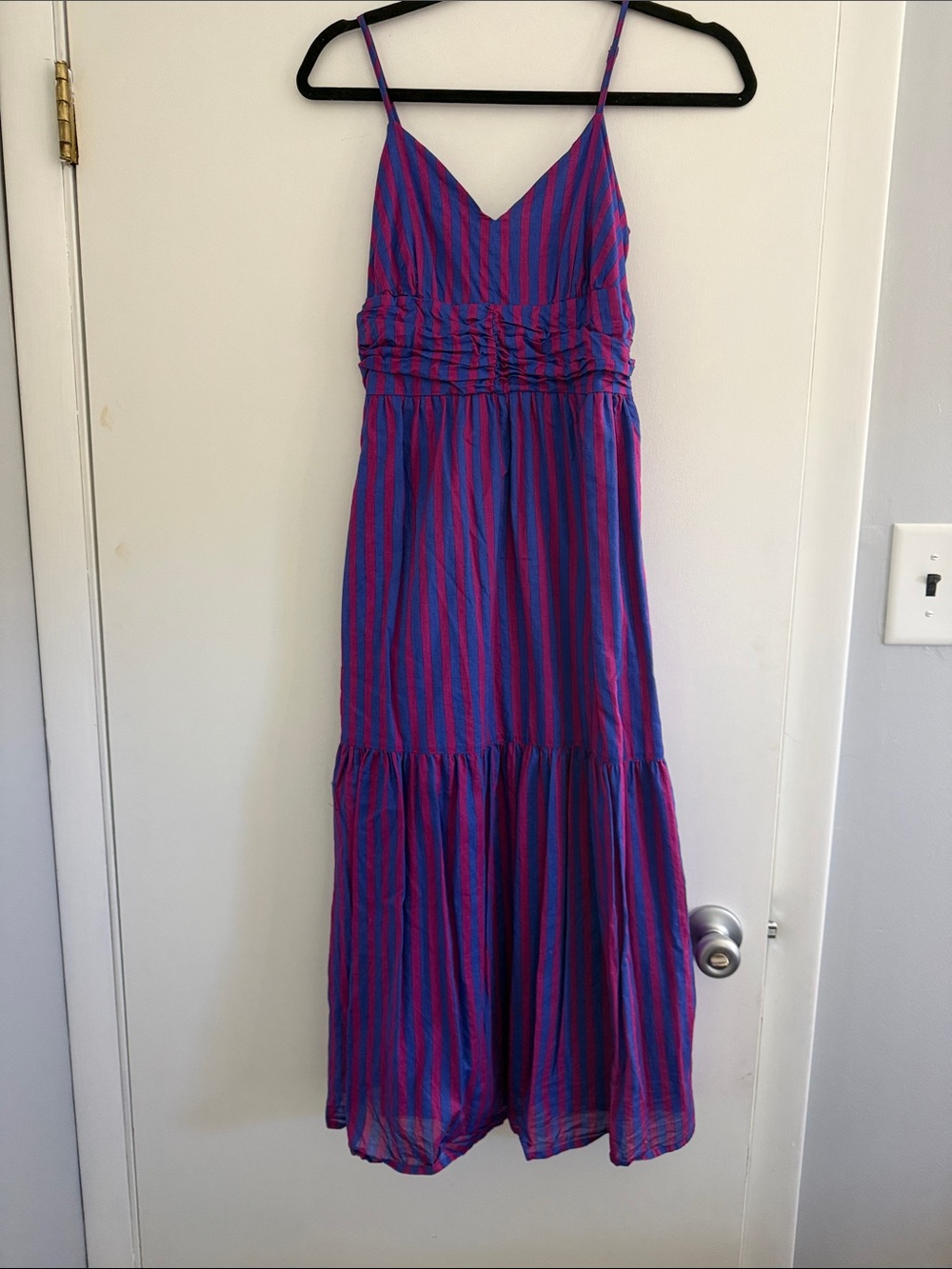Striped Spaghetti-Strap Maxi Dress in Blue and Pink